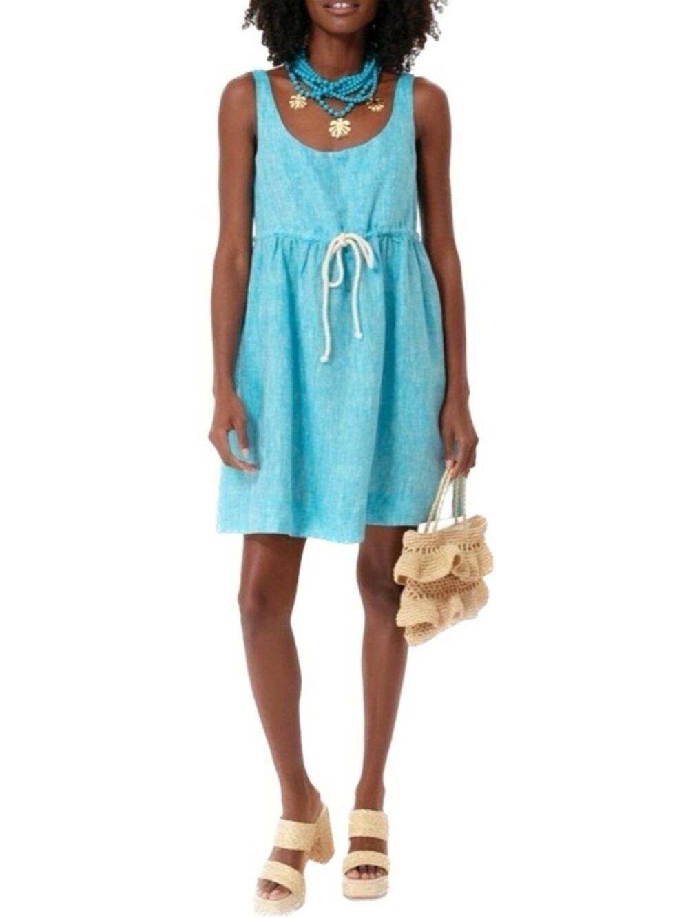 Pomander Place Tuckernuck Aqua Sabella 100% Linen Mini Dress Womens Small
